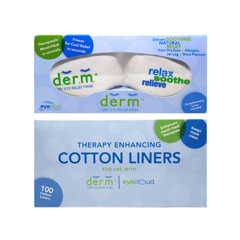 Image of two products: Top is PRNs EyeEco D.E.R.M.™ Dry Eye Relief Mask for soothing moist-heat therapy. Bottom is a box of 100 disposable liners enhancing relaxation and moisture retention.