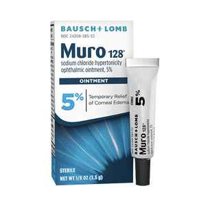 The image displays a tube of Bausch + Lombs Muro 128, a 5% sodium chloride ophthalmic ointment (1/8 Fl Oz, 3.5 g), with its box. Labeled for temporary relief of corneal edema, it offers targeted relief for the eyes.