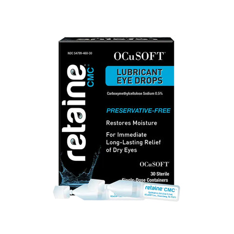 The image shows a box of OCuSOFT Retaine CMC Eye Drops, a preservative-free, hydrating solution offering long-lasting dry eye relief. The sleek black box with white and blue text contains 30 single-use vials for convenience.