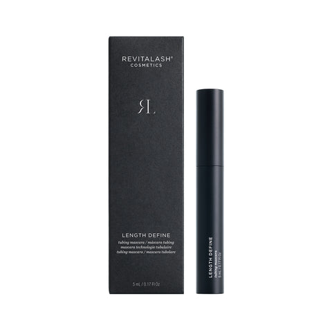 The RevitaLash Length Define Tubing Mascara 5mL product image features a black box and matching cylindrical tube labeled Length Define with innovative tube technology. The brand name appears in white, and the lengthening mascara tube is displayed to the right of the box.