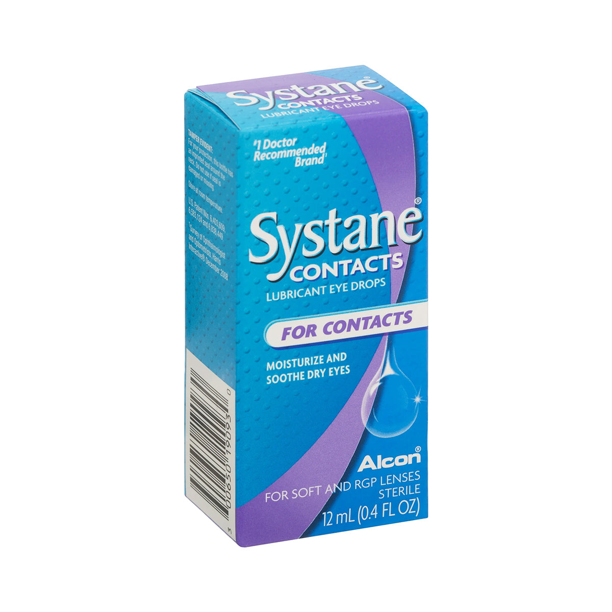 Alcons Systane® CONTACTS Lubricant Eye Drops, with vibrant blue and purple packaging, provide advanced hydration and soothing relief for dry eyes, designed for soft, RGP, and hard lenses. Doctor recommended, it comes in a 12mL (0.4 fl oz) solution.