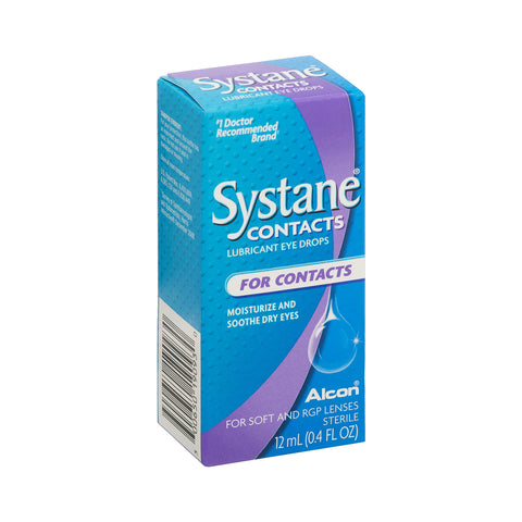 Alcons Systane® CONTACTS Lubricant Eye Drops, with vibrant blue and purple packaging, provide advanced hydration and soothing relief for dry eyes, designed for soft, RGP, and hard lenses. Doctor recommended, it comes in a 12mL (0.4 fl oz) solution.