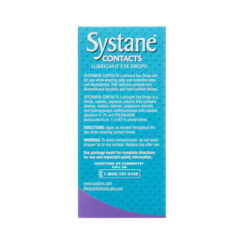 Systane® CONTACTS Lubricant Eye Drops by Alcon provides hydrating relief for soft, RGP, and hard contact lenses. The box highlights its purpose, advanced hydration ingredients, usage directions for optimal lens hydration, cautionary statements, and includes customer service contact info.