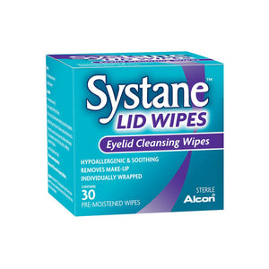 Explore Alcons Systane Lid Wipes for gentle eyelid cleansing. These blue and purple packaged, individually wrapped wipes are hypoallergenic and soothing, perfect for makeup removal. Each box includes 30 pre-moistened wipes designed to care for your delicate eye area.