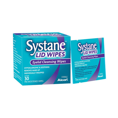 Image of a teal box and single packet of Alcons Systane Lid Wipes, featuring 30 individually wrapped, pre-moistened wipes that are hypoallergenic, soothing, effective at makeup removal and help prevent eye irritation.