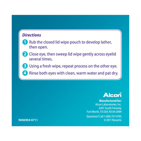 Alcons blue label Systane Lid Wipes (30 count) offers easy directions: 1) Rub hypoallergenic wipe pouch, open. 2) Close eye, sweep wipe over eyelid. 3) Repeat on other eye. 4) Rinse eyes with water, pat dry. Ideal for preventing eye irritation; includes manufacturer details and phone number.