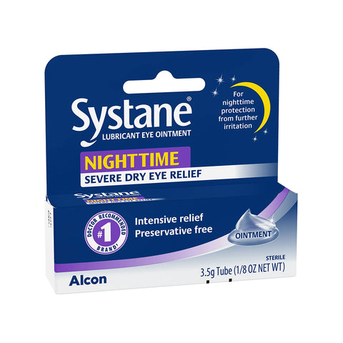 The Alcon Systane Nighttime Lubricant Eye Ointment (3.5g tube) offers preservative-free dry eye relief, recommended by doctors. It features elegant blue and white packaging with purple accents.