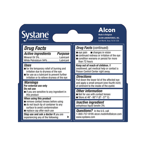 The back of the Systane Nighttime Lubricant Eye Ointment 3.5g tube by Alcon includes drug facts like active ingredients, warnings, usage directions for dry eye relief, storage instructions, and manufacturing info. The package features a blue and white design with black text.