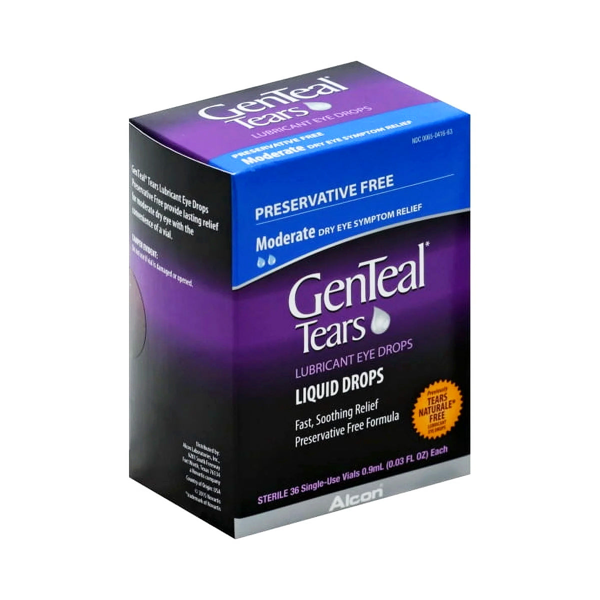 Alcons GenTeal Tears Lubricant Eye Drops come in a striking purple and blue box, offering fast, soothing relief for sensitive eyes. The preservative-free formula provides moderate dry eye symptom relief, ensuring comfort and effectiveness.