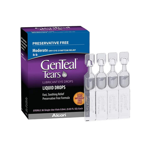 Image of an Alcon GenTeal Tears box and four single-use vials, offering moderate dry eye relief. Ideal for sensitive eyes, the preservative-free formula ensures comfort. Clear vials with labeled caps allow easy use.