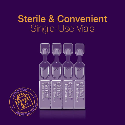 The image shows four GenTeal Tears Lubricant Eye Drops (Alcon) single-use vials against a dark purple background. Text above reads Sterile & Convenient Single-Use Vials, perfect for sensitive eyes and dry eye relief. A circular icon below features a suitcase labeled Small Size Ideal for Travel.