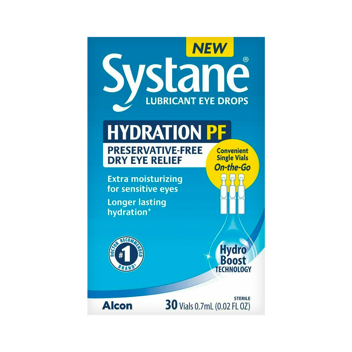 Alcons Systane Hydration Preservative-Free Lubricant Eye Drops 30ct Vials offer preservative-free, HydroBoost tech-enhanced moisture for sensitive eyes with Sodium Hyaluronate in a travel-friendly design. Each pack contains thirty 0.7ml vials for effective dry eye relief on-the-go.