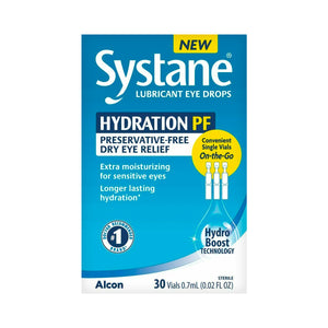 Alcons Systane Hydration Preservative-Free Lubricant Eye Drops 30ct Vials offer preservative-free, HydroBoost tech-enhanced moisture for sensitive eyes with Sodium Hyaluronate in a travel-friendly design. Each pack contains thirty 0.7ml vials for effective dry eye relief on-the-go.