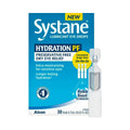 Showcasing a single vial, the Alcon Systane Hydration Preservative-Free Lubricant Eye Drops 30ct emphasizes its preservative-free formula with Sodium Hyaluronate and HydroBoost Technology for extra moisturizing of sensitive eyes, featuring 30 convenient vials of 0.7 ml each.