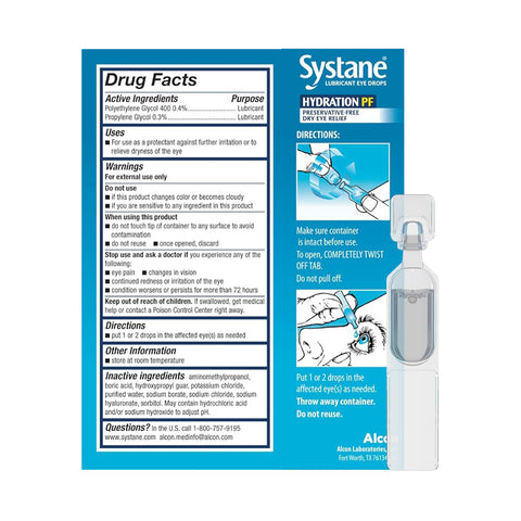 The image displays the Systane Hydration Preservative-Free Lubricant Eye Drops 30ct Vials by Alcon, showcasing its blue box with white text, featuring drug facts, active ingredients like sodium hyaluronate, usage warnings, directions, and a clear dropper with illustrated application instructions.