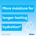 A blue background with white text reads, More moisture for longer-lasting hydration* alongside two water drop icons, highlighting Systane Hydrations power. The Alcon logo at the bottom right completes this scene featuring preservative-free lubricant eye drops, 30ct vials.