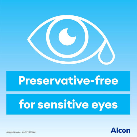 An image shows a stylized eye with a teardrop on a blue background. Text says For sensitive eyes, preservative-free with Systane Hydration. The Alcon logo is displayed in the bottom right corner.