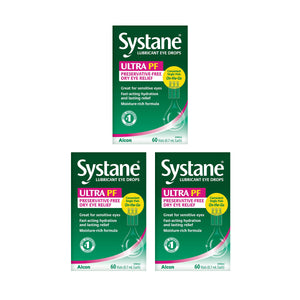 Image shows three green boxes of Alcons Systane Ultra PF lubricant eye drops. Each box offers 60 fast-acting, preservative-free vials for dry and sensitive eyes, totaling 180 moisture-rich vials across the set.