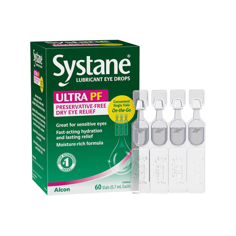 A box of Alcons Systane Ultra PF eye drops, featuring vibrant green packaging, includes 180 preservative-free, single-dose vials. It promises fast-acting hydration and a moisture-rich formula for dry eye relief with 0.7 mL of soothing artificial tears per vial.