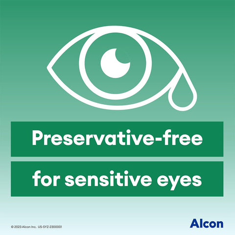 An eye graphic with a teardrop appears on a green background alongside text: Preservative-free for sensitive eyes. The Alcon logo is below. Ideal for dry eye relief with Systane Ultra PF Lubricant Eye Drops, 180 preservative-free vials (3 boxes of 60).