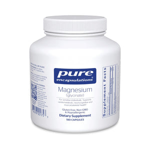 Pure Encapsulations Magnesium (Glycinate) 180ct is a white bottle of dietary supplements labeled gluten-free, non-GMO, and hypoallergenic. It promotes neuromuscular balance and features supplement facts with a QR code on the side.