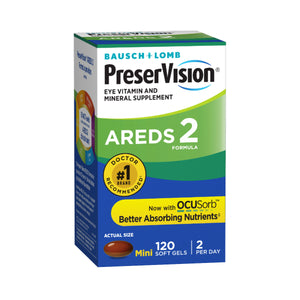 The PreserVision AREDS 2 Eye Vitamin & Mineral Supplement by Bausch & Lomb contains 120 softgels for enhanced nutrient absorption with OCUSorb. A daily dose of two supports clinically proven eye health, highlighted on the packaging as Better Absorbing Nutrients.