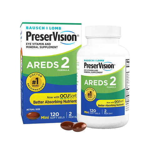 Image of PreserVision AREDS 2 Eye Vitamin & Mineral Supplement by Bausch & Lomb. Highlights Doctor Recommended for macular health and Enhanced Nutrient Absorption. Contains 120 softgels, two per day.