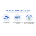 Infographic titled What is the OCUSorb Formula? features three icons: an eye for Bausch & Lomb PreserVision AREDS 2 Formula for eye health, a molecule for nutrient absorption enhancement, and Mini SoftGels capsules. Ideal for macular support with 120 Softgels.