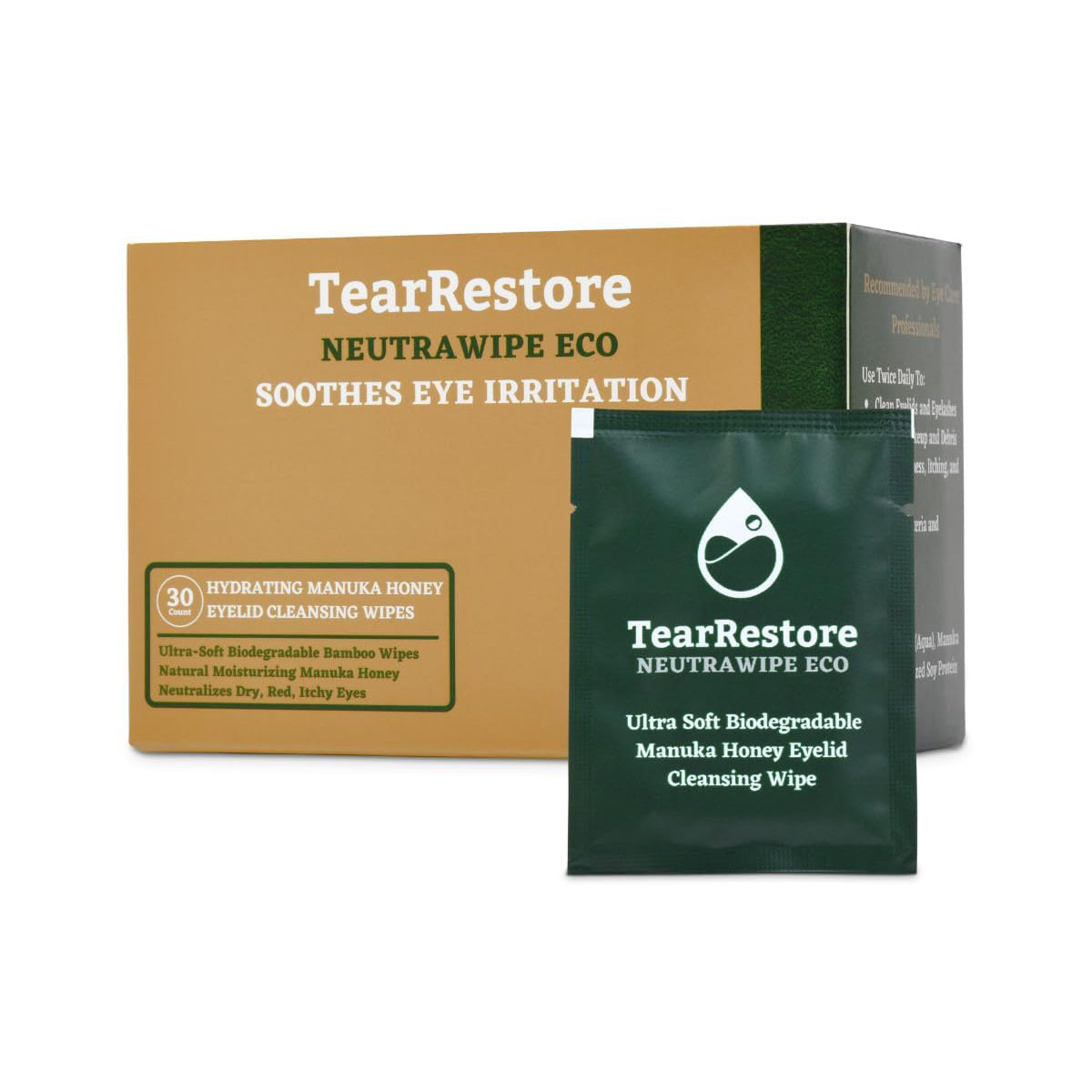 TearRestore NeutraWipe Eco Manuka Honey Eyelid Wipes | Ultra-Soft Biodegradable Eyelash Cleanser (30 Count)