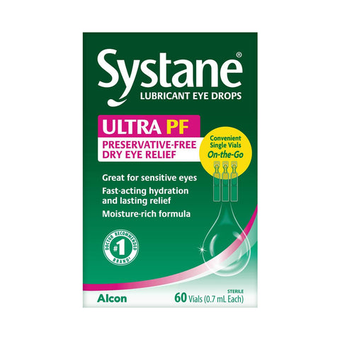 Alcons Systane Ultra PF Preservative Free Dry Eye Drops offer fast-acting, preservative-free hydration to relieve dry eyes. This box includes 60 sterile 0.7 ml vials for convenient single-dose use, ensuring ultimate comfort.