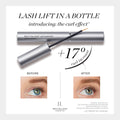 A promotional image for the RevitaLash Advanced Eyelash Conditioner and Enhancing Serum, a product by RevitaLash, displays a silver tube labeled Lash Lift in a Bottle. It claims to increase curl by 17% and highlights lash enhancement with BioPeptin Complex through before and after images.