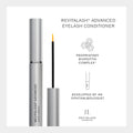 Image of RevitaLash Advanced Eyelash Conditioner and Enhancing Serum by RevitaLash, featuring a silver tube with an open thin applicator brush. Highlights include the unique BioPeptin Complex, developed by an ophthalmologist, with the RevitaLash logo at the bottom.