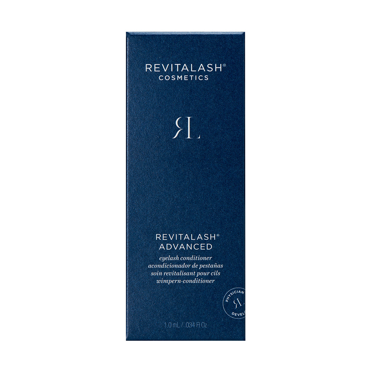 A dark blue rectangular box labeled RevitaLash highlights the RevitaLash Advanced Eyelash Conditioner and Enhancing Serum (3 Sizes) in multiple languages with the BioPeptin Complex, featuring the logo on the bottom right corner.