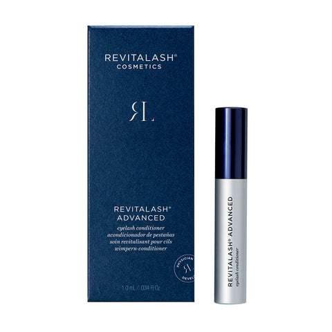 RevitaLash Advanced Eyelash Conditioner and Enhancing Serum comes in a sleek cylindrical container within a blue box, featuring the brand logo, product name in multiple languages, and its nourishing BioPeptin Complex formula.