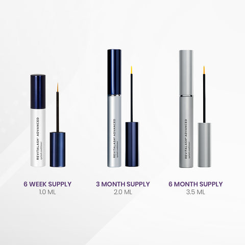 The RevitaLash Advanced Eyelash Conditioner and Enhancing Serum, from the RevitaLash brand, features three sizes: a 1.0 mL bottle with a blue cap for a 6 Week Supply, a 2.0 mL bottle with BioPeptin Complex and a blue cap for a 3 Month Supply, and a 3.5 mL bottle with a silver cap for a 6 Month Supply.