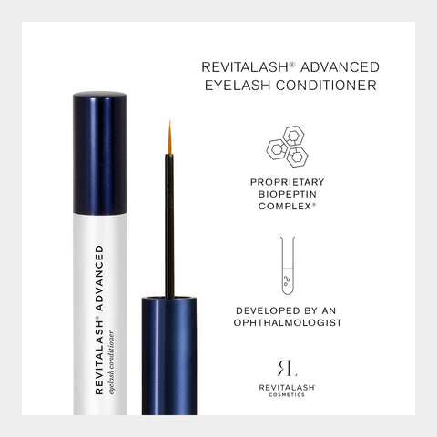 The RevitaLash Advanced Eyelash Conditioner and Enhancing Serum, available in three sizes, features a sleek black applicator wand with an iconic logo at the bottom and Proprietary BioPeptin Complex®, developed by an ophthalmologist.