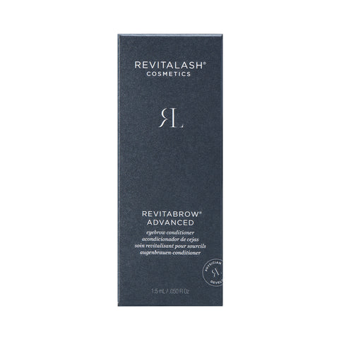 A dark gray rectangular box displays RevitaLash at the top with a stylized RL logo and RevitaBrow Advanced Eyebrow Conditioner Serum. Enriched with BioPeptin Complex®, its designed to combat eyebrow aging. The box size is 1.5 ml / 0.050 fl oz.