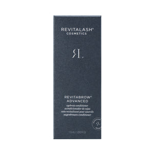 A dark gray rectangular box displays RevitaLash at the top with a stylized RL logo and RevitaBrow Advanced Eyebrow Conditioner Serum. Enriched with BioPeptin Complex®, its designed to combat eyebrow aging. The box size is 1.5 ml / 0.050 fl oz.