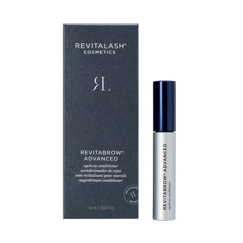 RevitaLash offers the RevitaBrow Advanced Eyebrow Conditioner Serum, packaged in a dark blue box and showcasing their BioPeptin Complex®. It includes a sleek, cylindrical silver serum container with a dark blue cap.