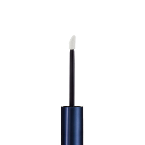 Close-up of an open RevitaLash RevitaBrow Advanced Eyebrow Conditioner Serum tube with a sleek, dark blue handle and a curved, white applicator tip on a plain white background, infused with BioPeptin Complex® to enhance eyebrow conditioning.