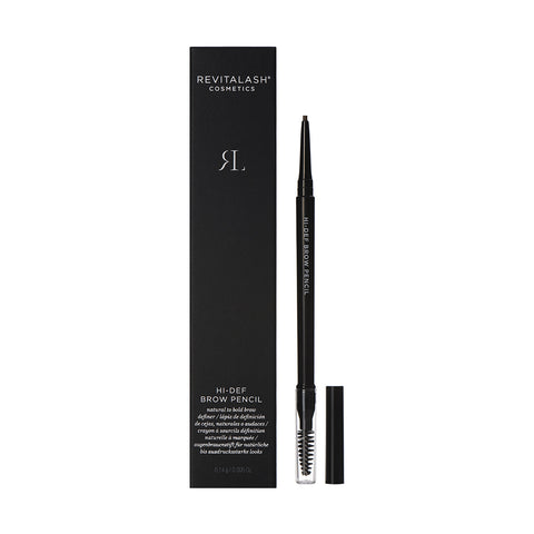 RevitaLash Hi-Def Brow Pencil, Hypoallergenic (3 Colors), is a retractable eyebrow pencil by RevitaLash featuring long-wear, water-resistant properties and a spoolie brush. The sleek black box with white text accentuates its features.