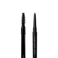 Displayed are two black eyebrow tools: a left spoolie brush and a right retractable, water-resistant brow pencil with a fine tip. Both items promise long wear and belong to the RevitaLash Hi-Def Brow Pencil line, which is hypoallergenic and available in three colors.