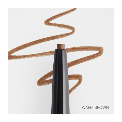 A black RevitaLash Hi-Def Brow Pencil, known for long wear and water resistance, rests on a white background with its tip exposed. Above it, a wavy warm brown line—likely drawn by this versatile eyebrow pencil—enhances the display. WARM BROWN is inscribed at the bottom right.