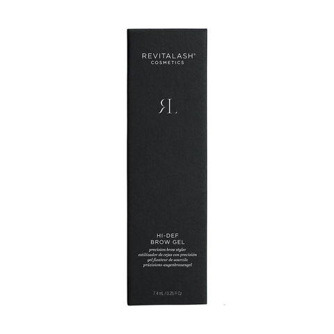 The RevitaLash Hi-Def Brow Gel (3 Colors) comes in a rectangular black box, displaying the brands logo and details in white text. This 7.4 mL (0.25 fl oz) conditioning gel, equipped with a precision brush, ensures flawless eyebrow setting.