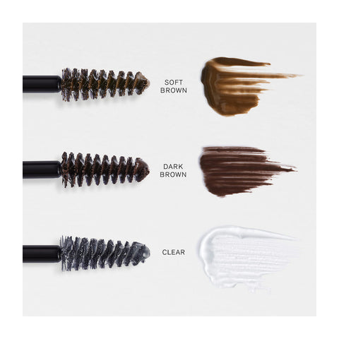 An image displays RevitaLashs Hi-Def Brow Gel in three shades on a white background: Soft Brown with a light brown swatch, Dark Brown with a deeper tone swatch, and “Clear” enhanced with conditioning brow gel. Perfect for precision styling.