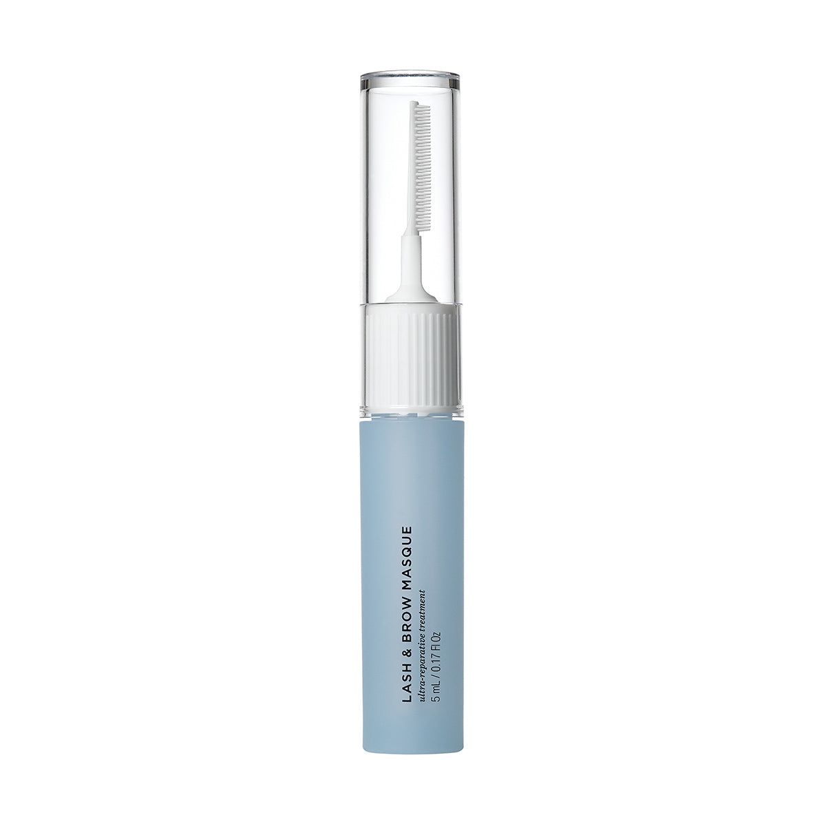 The RevitaLash Lash and Brow Masque by RevitaLash comes in a blue tube with a nutrient-rich formula, featuring a transparent white cap and a small brush applicator ideal for precise use on compromised lashes and brows.