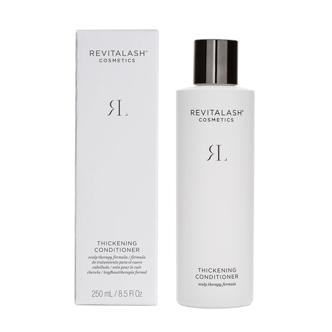 A 250mL white bottle of RevitaLash Cosmetics Thickening Conditioner Scalp Therapy Formula, Hypoallergenic, is shown with its matching box, both showcasing black text and a minimalist design, offering rich hair nourishment.