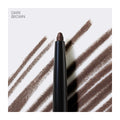 The RevitaLash Defining Liner Eyeliner in dark brown is displayed on a white background, alongside diagonal strokes demonstrating its high-impact color, texture, and smudge-proof finish. DARK BROWN is noted in the top left corner.