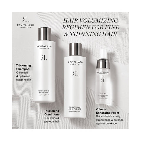 Image of the RevitaLash Volumizing Hair Collection Bundle on a light background, featuring Shampoo, Conditioner, and Foam. Text: Volumizing regimen for fine & thinning hair.