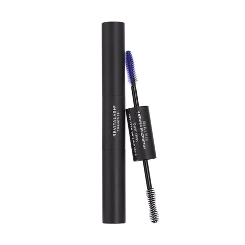 The black RevitaLash Double-Ended 2-in-1 Lash Primer & Mascara Volume Set features Volumizing Primer and Volumizing Mascara, with unique brush tip textures for seamless application and enhanced lash drama.